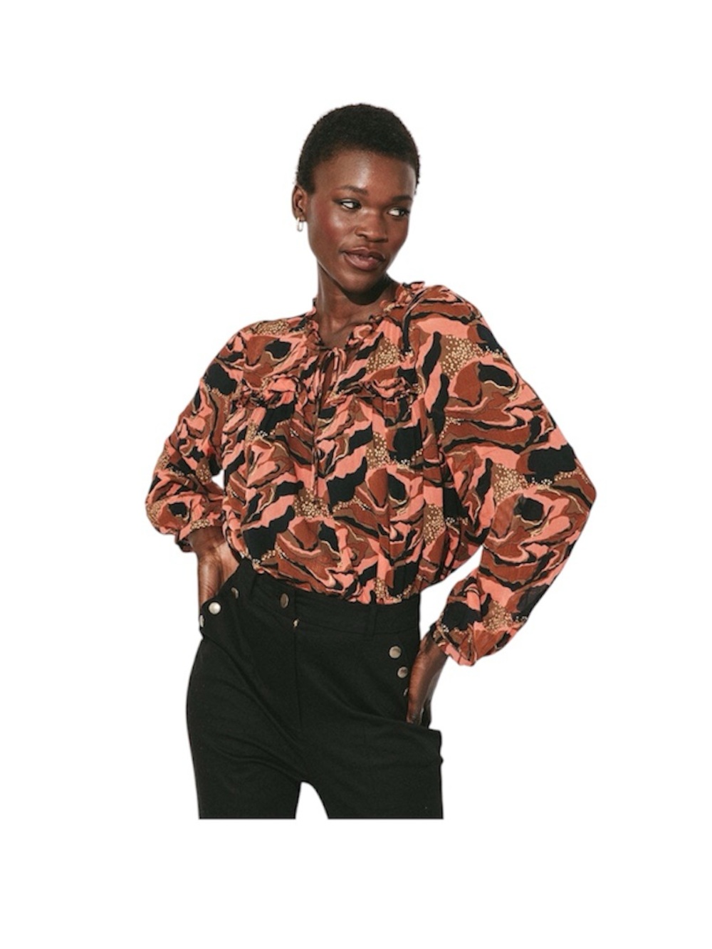 NWT Cleobella Octavia Blouse High Neck Tie Ruffles Brown Orange Boho Size Small